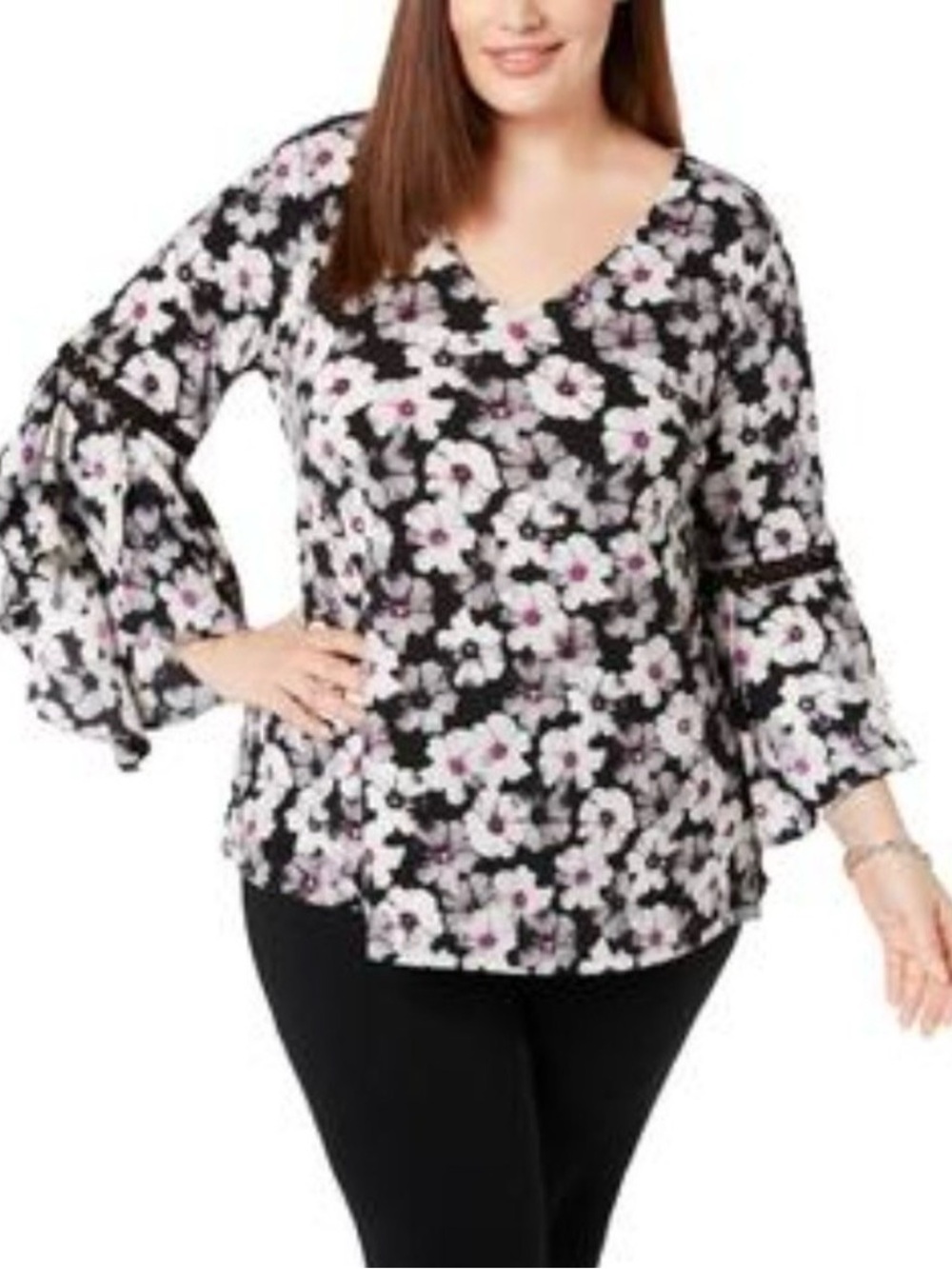 Alfani Black Floral Bell Sleeve Top 1X Fairycore Whimsigoth Dark Romantic